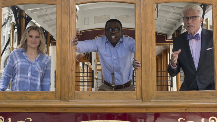 Kristen Bell as Eleanor, William Jackson Harper as Chidi, and Ted Danson as Michael in NBC's sitcom, 'The Good Place'