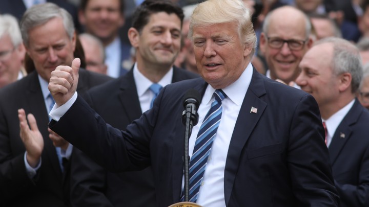 President Trump speaking at a press conference at the White House