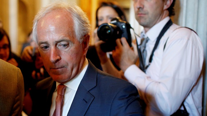 Senator Bob Corker speaks to reporters at the U.S. Capitol.