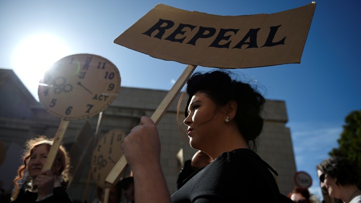 Pro-choice advocates protest in favor of more liberal Irish abortion laws in Dublin, Ireland on September 30, 2017.