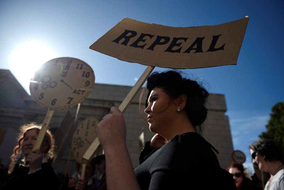 Pro-choice advocates protest in favor of more liberal Irish abortion laws in Dublin, Ireland on September 30, 2017.