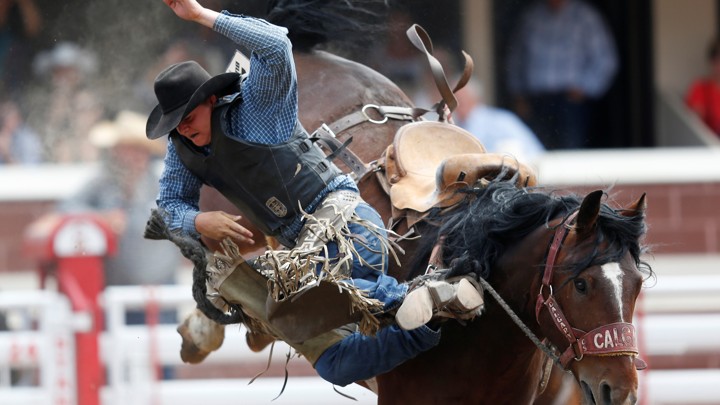 A rider falling off of a bucking horse at a rodeo