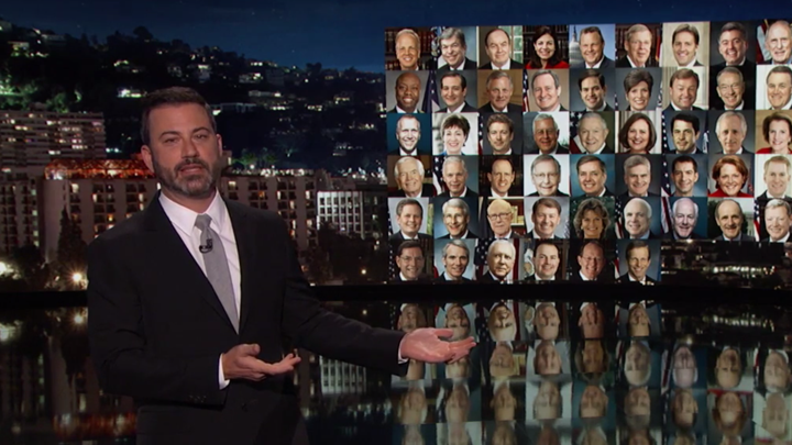 Jimmy Kimmel points to the congressmen and women who voted against gun control, during an emotional opening monologue about the mass shooting in Las Vegas