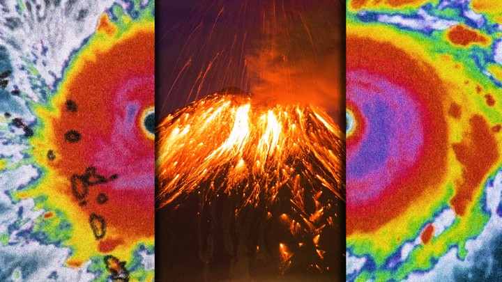A radar image of a hurricane alongside an erupting volcano