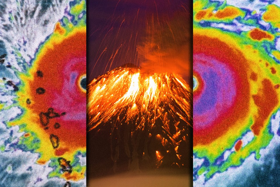 A radar image of a hurricane alongside an erupting volcano