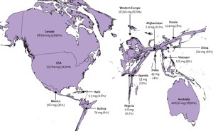 A map using size to show the relative opioid needs that are met by countries around the world in which North America is enormous and Africa and Asia are tiny