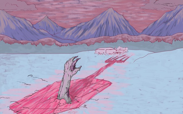 A zombie hand reaching its way out of a blanket of snow and ice