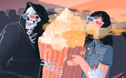 A moviegoer shares popcorn with a grim reaper.
