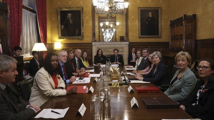 U.K. Prime Minister Theresa May meets with other members of parliament to address allegations of sexual harassment in British politics in London on November 6, 2017.