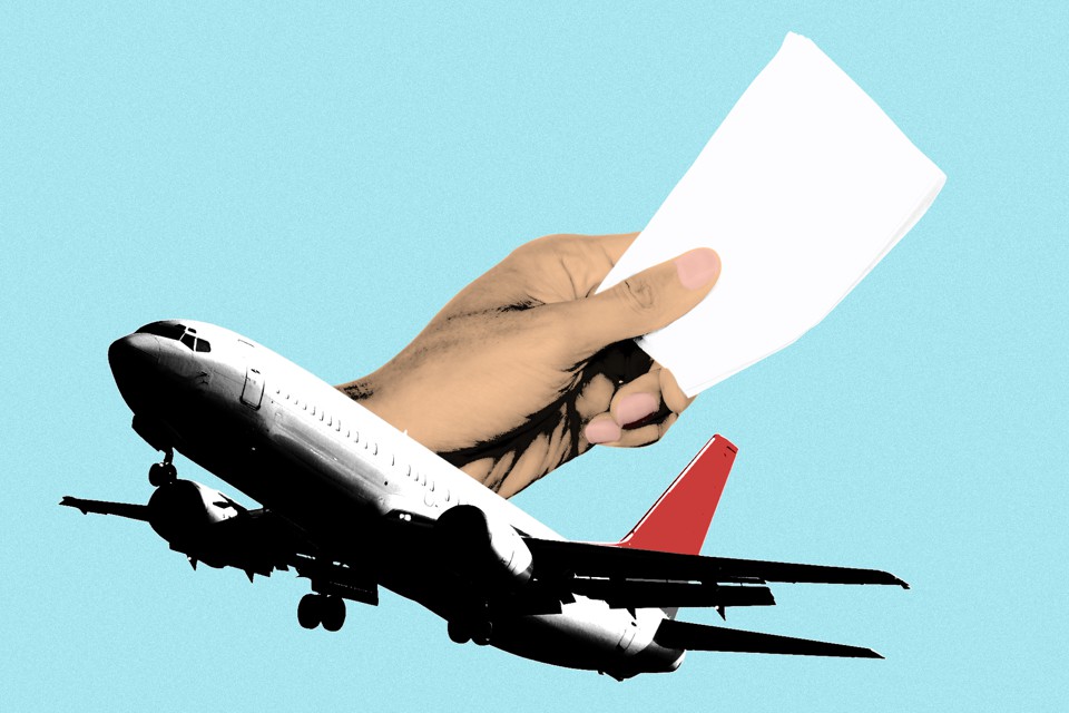 An illustration of an airplane and a hand offering a cocktail napkin