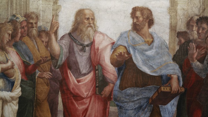 A photograph of a Raphael fresco featuring the philosophers Plato and Aristotle