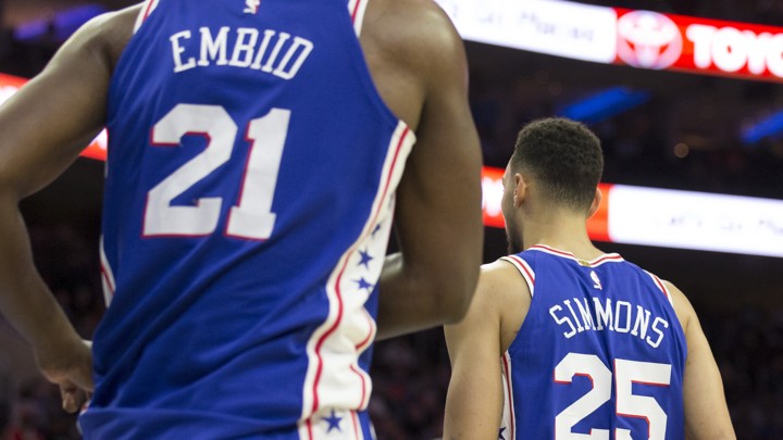 Joel Embiid and Ben Simmons of the Philadelphia 76ers