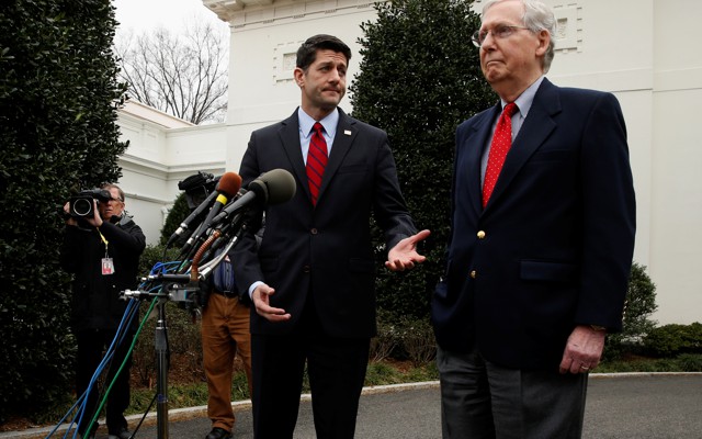 House Speaker Paul Ryan and Senate Majority Leader Mitch McConnell address the press outside of the White House.