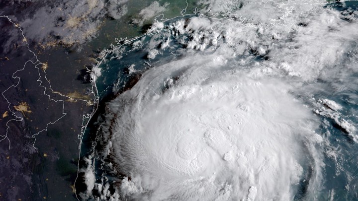 A satellite image of Hurricane Harvey in the Gulf of Mexico