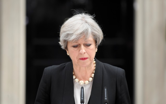 U.K. Prime Minister Theresa May speaks outside 10 Downing Street in London on May 23, 2017.