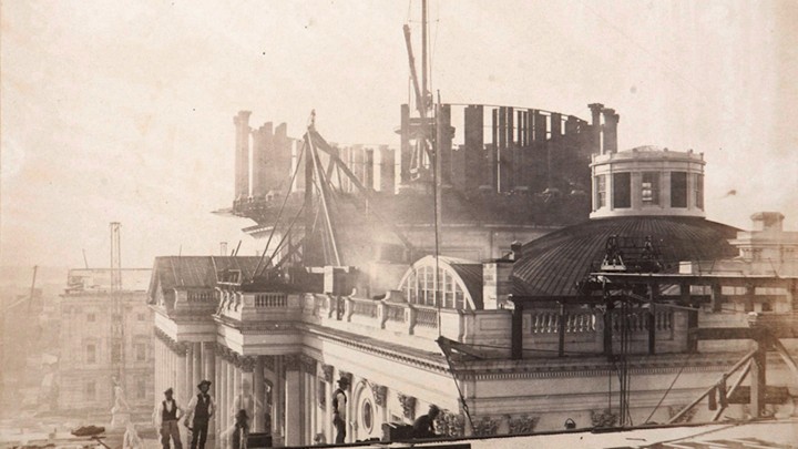 A view of the U.S. Capitol Building dome under construction in 1857, the year The Atlantic was launched.