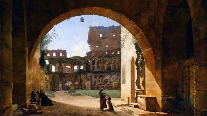 A painting of an arched entrance to the Colosseum covered in plant life