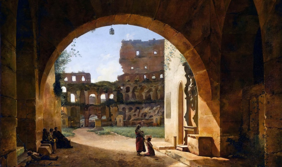 A painting of an arched entrance to the Colosseum covered in plant life