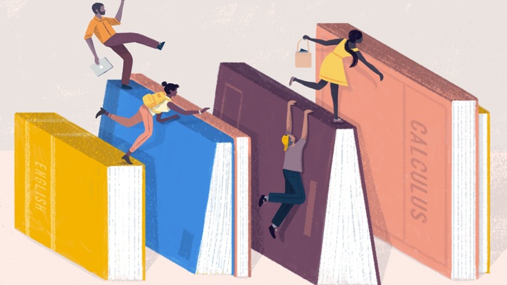 An illustration of students climbing on large textbooks.
