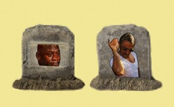 Pixelated headstones with Crying Jordan and Salt Bae memes imposed on them