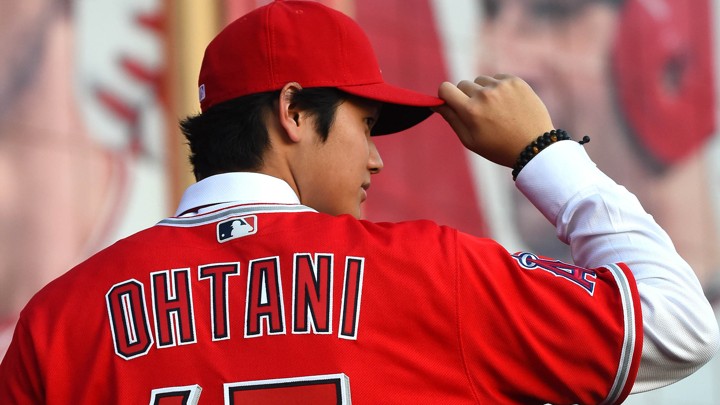 Shohei Ohtani wearing an Angels jersey