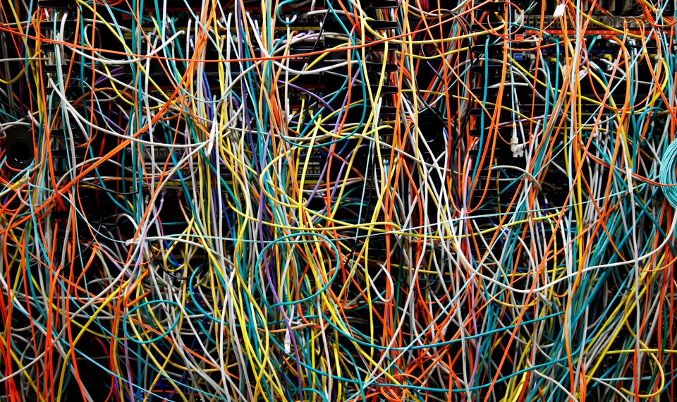 A tangle of colorful computer wires