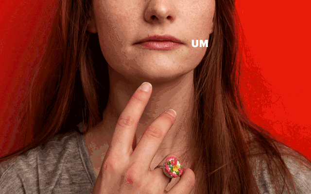 A person raises a finger to their chin as the word "Um" appears across the photo.