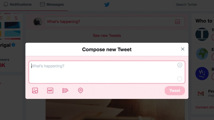 A "Compose New Tweet" pop-up on the Twitter interface