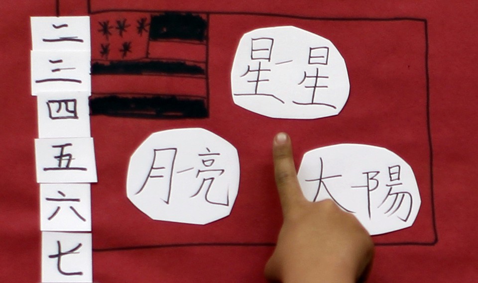 A child's drawing of the American flag is depicted alongside Chinese characters 