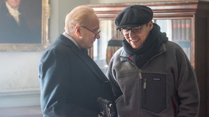 Joe Wright on the set of 'Darkest Hour' with his star Gary Oldman