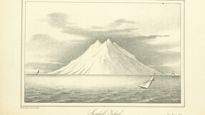 19th-century engraving of a volcano in Iceland