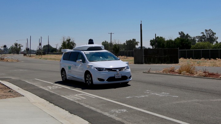 A self-driving Waymo vehicle at the company's test city on the former Castle Air Force Base