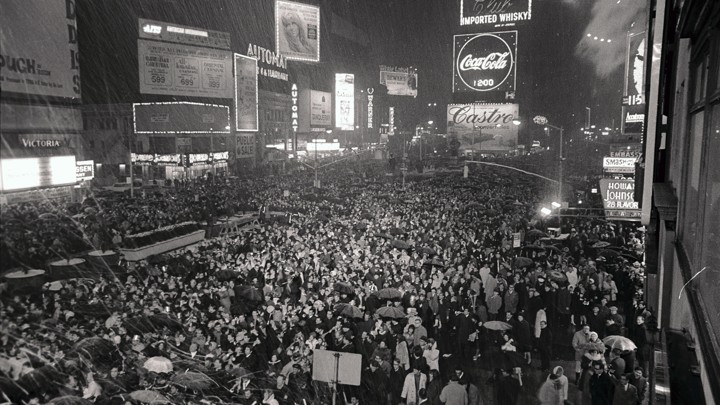 New Yorkers waiting for the Times Square New Year's Eve celebration in 1968