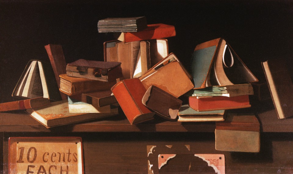 A painting of several books tossed haphazardly on a table