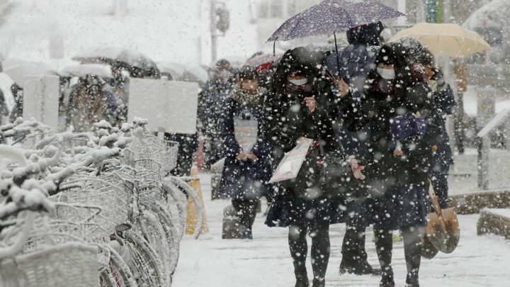 Students walk with umbrellas in the snow.