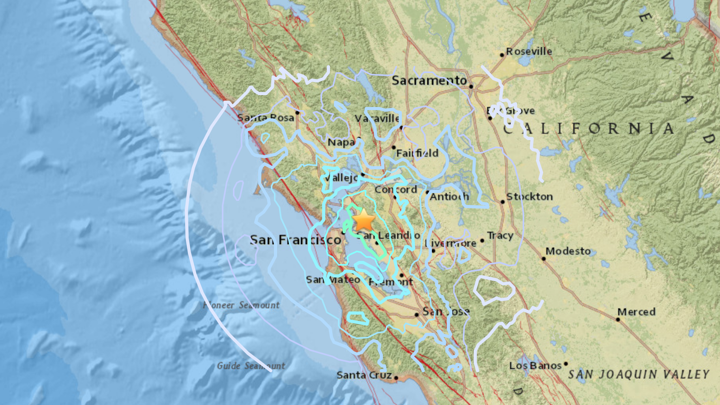 A map of California showing the epicenter of an earthquake in Oakland