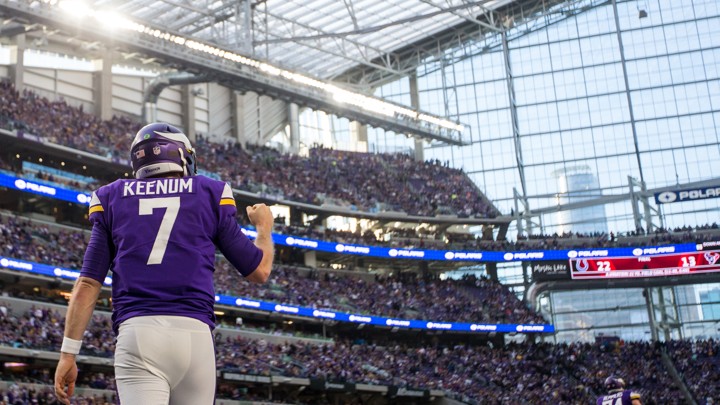 The Minnesota Vikings quarterback Case Keenum celebrates during the fourth quarter against the Chicago Bears at U.S. Bank Stadium on December 31.