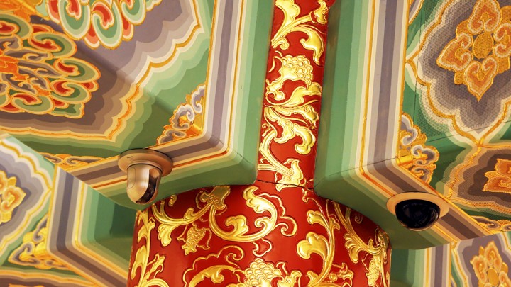 Security cameras are seen inside the room where a news conference is held at the Great Hall of the People in Beijing