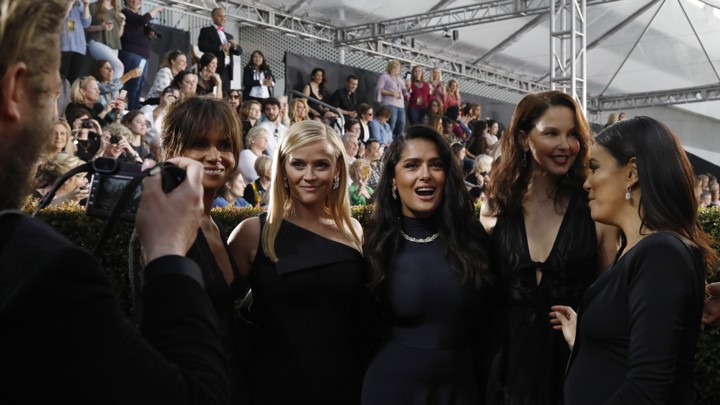 Actresses Halle Berry, Reese Witherspoon, Salma Hayek, Ashley Judd, and Eva Longoria on the red carpet of the 75th Golden Globes
