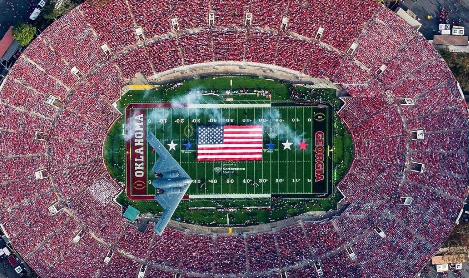 A stealth bomber flies over the Rose Bowl during the Georgia-Oklahoma game January 1, 2018