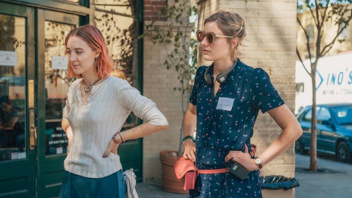 Saoirse Ronan and the director Greta Gerwig on the set of Lady Bird
