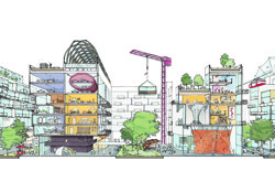 A sketch of a colorful futuristic city