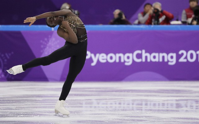 Maé-Bérénice Méité, of France, performs in the ladies single figure skating short program at the Winter Olympics