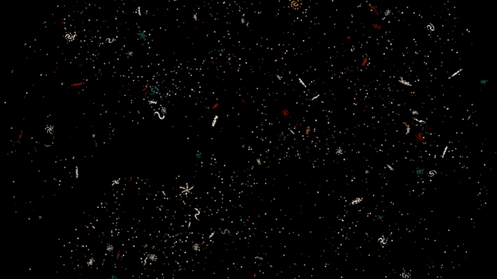 A sphere of small particles expands and contracts against a black background.