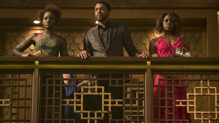 Nakia (Lupita Nyong'o), T'Challa/Black Panther (Chadwick Boseman), and Okoye (Danai Gurira)