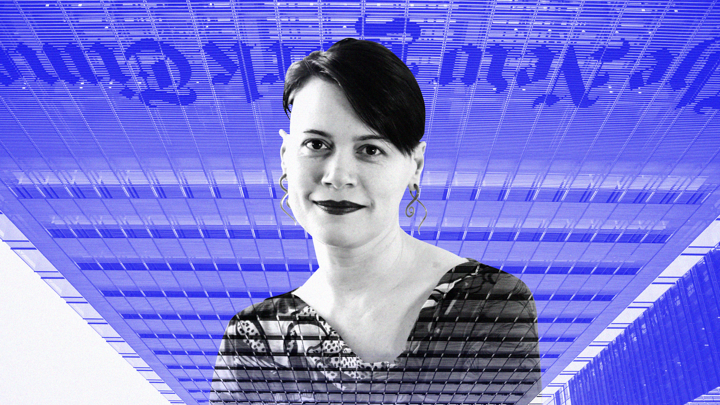 A black-and-white photograph of Quinn Norton superimposed on an upside-down image of the New York Times building in New York