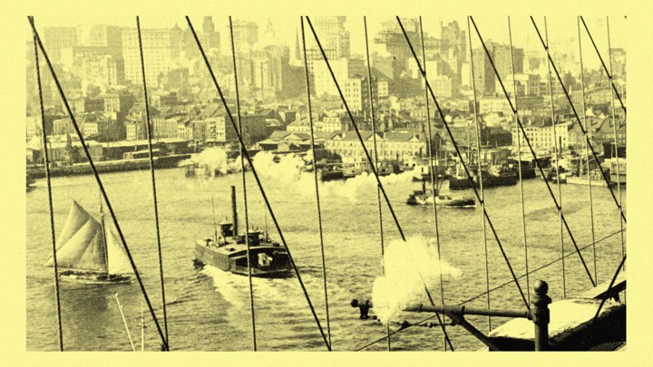 Sailboats and tugboats in New York Harbor in the early 20th century