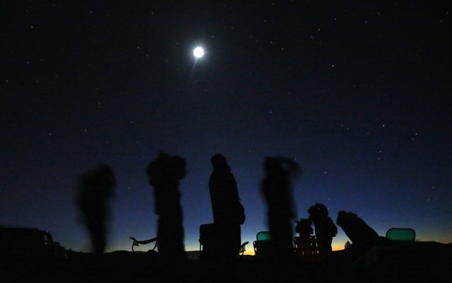 Silhouettes of stargazers against a night sky