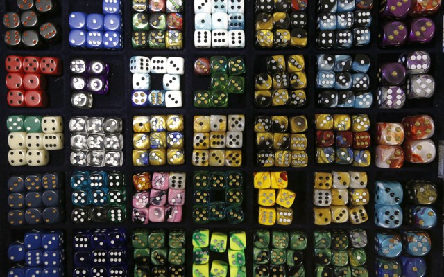 Multicolor dice arranged in squares