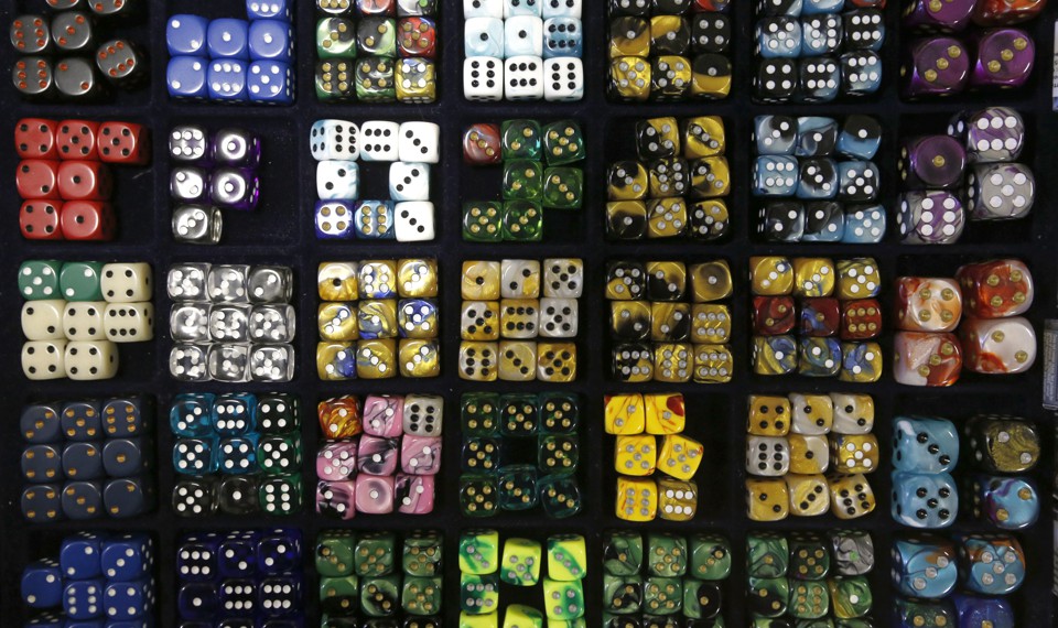 Multicolor dice arranged in squares